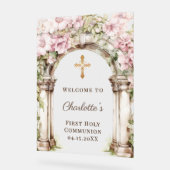 First Communion Pink Florals Arch Cross Welcome アクリルサイン (傾斜)