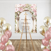 First Communion Pink Florals Arch Cross Welcome アクリルサイン