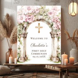First Communion Pink Florals Arch Cross Welcome ポスター