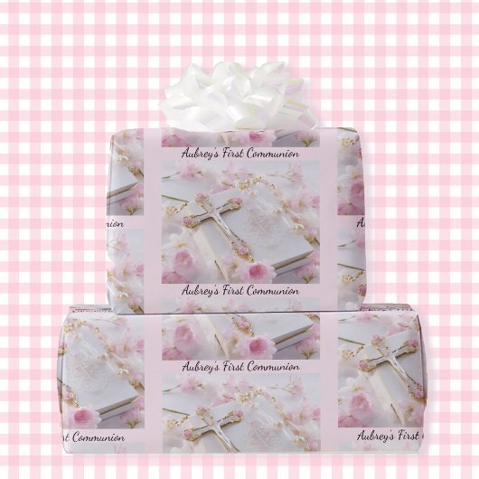 First Communion Pink Girl's Add Name ラッピングペーパー