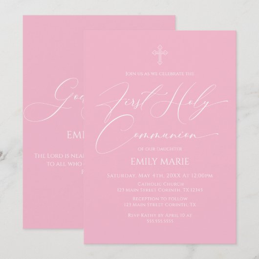 First Communion Pink Invitation 招待状 (正面/裏面)