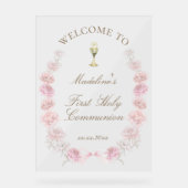 First Communion pink peonies welcome アクリルサイン (正面)