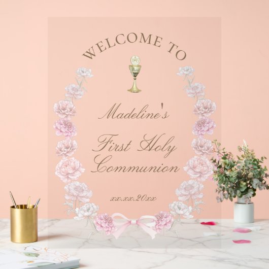 First Communion pink peonies welcome アクリルサイン (ウェディング)