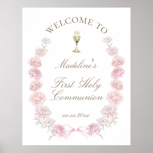First Communion pink peonies welcome ポスター (正面)