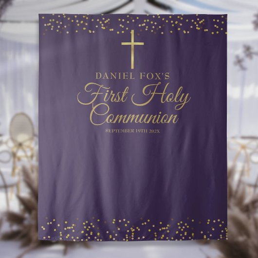 First Communion Purple金ゴールド写真の背景 タペストリー