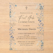 First Communion small blue watercolor flowers アクリル招待状 (正面)