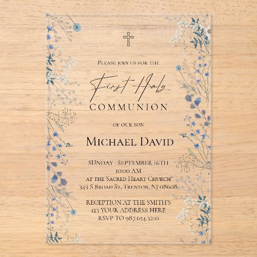 First Communion small blue watercolor flowers アクリル招待状 (正面)