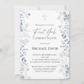 First Communion small blue watercolor flowers 招待状 (正面)