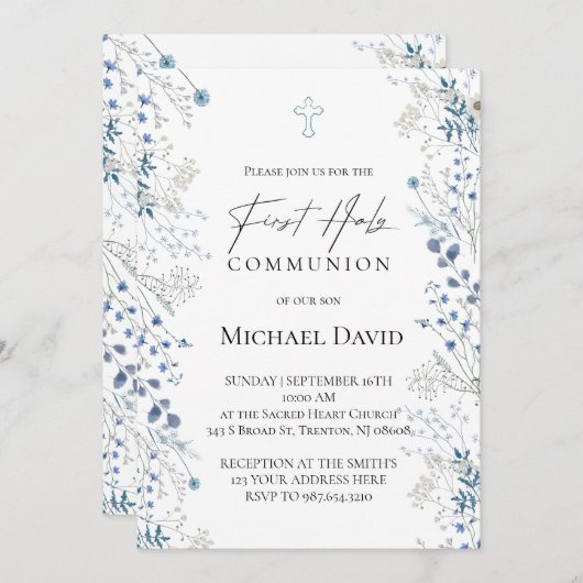 First Communion small blue watercolor flowers 招待状 (正面/裏面)