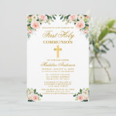 First Communion Water Colorピンク白フローラ写真 招待状 (スタンド正面)