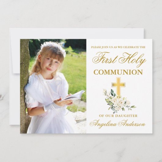 First Communion Water Colorホワイトフローラ写真 招待状 (正面)