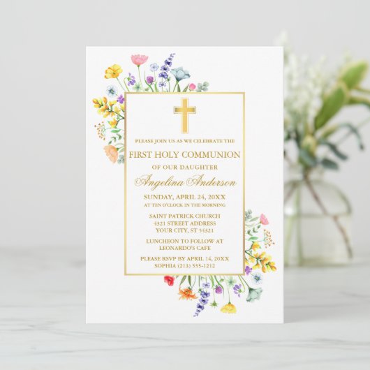 First Communion Watercolor Wildflowers Gold 招待状 (スタンド正面)