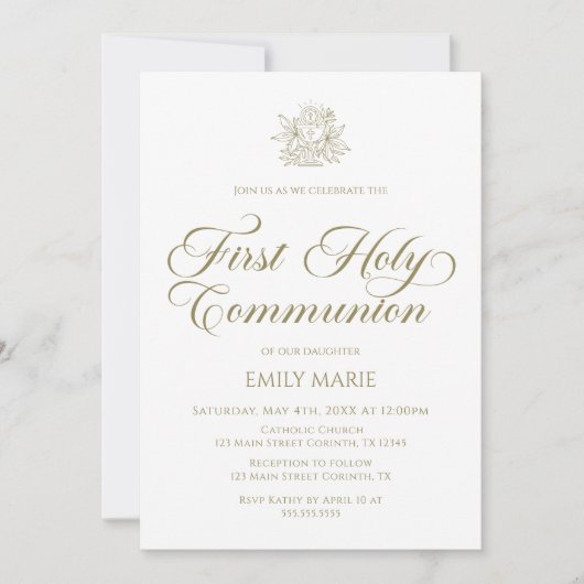 First Communion white and gold Invitation 招待状 (正面)