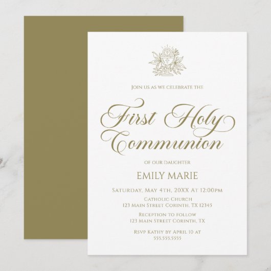 First Communion white and gold Invitation 招待状 (正面/裏面)