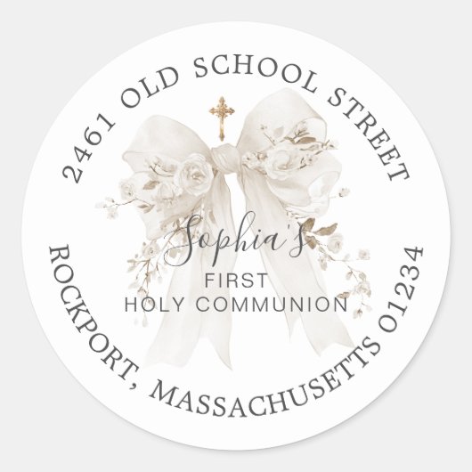 First Communion White Bow Return Address Label ラウンドシール (正面)