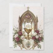 First CommunionChaliceホストバーガンディーホワイトローズ 招待状 (正面)