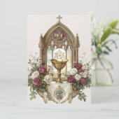 First CommunionChaliceホストバーガンディーホワイトローズ 招待状 (スタンド正面)