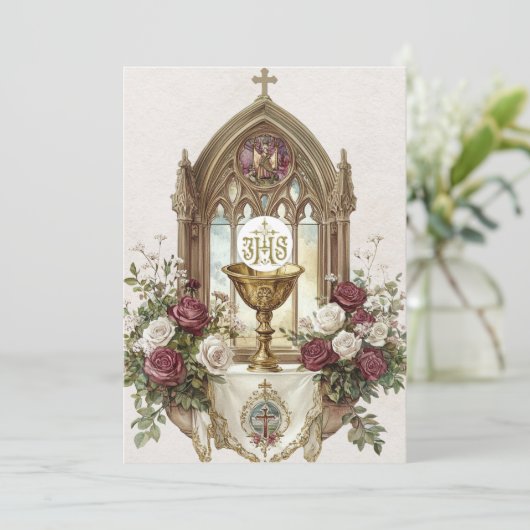 First CommunionChaliceホストバーガンディーホワイトローズ 招待状 (スタンド正面)