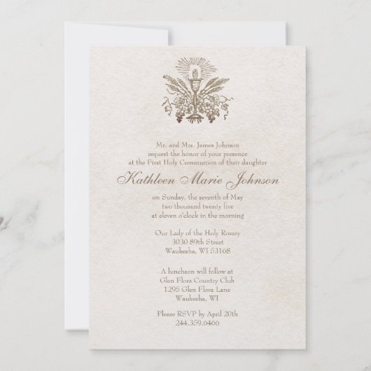 First CommunionChaliceホストバーガンディーホワイトローズ 招待状 (裏面)