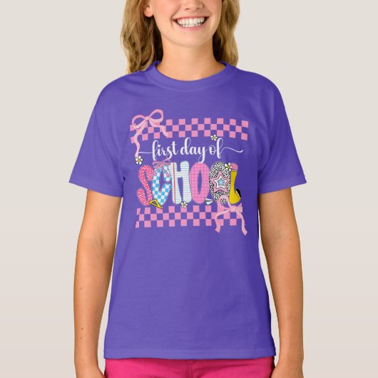 First Day of School Checkered Coquette Bow Preppy Tシャツ (正面)
