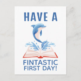 First day of School Cute Dolphin Animal Pun Blue ポストカード