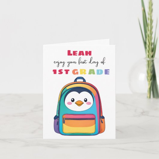 First Day Penguin Backpack School Son Daughter カード (正面)