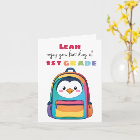 First Day Penguin Backpack School Son Daughter カード (黄色い花)