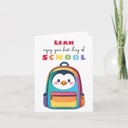 First Day Penguin Backpack School Son Daughter カード (正面)