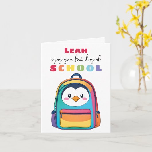 First Day Penguin Backpack School Son Daughter カード (黄色い花)