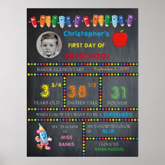 FIRST DAY PRESCHOOL boy，チャックボード記号，写真 ポスター (正面)