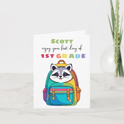 First Day Raccoon Grade School Son Daughter カード (正面)