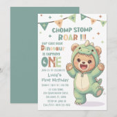 First Dino Birthday Party Cute Teddy Bear Dinosaur 招待状 (正面/裏面)