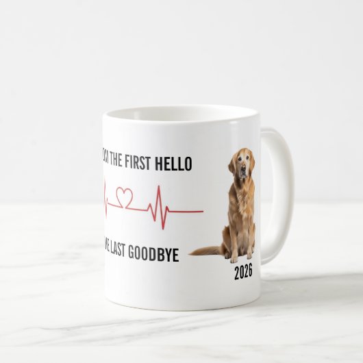 First Hello Last Goodbye Pet Timeline Mug コーヒーマグカップ (正面右)