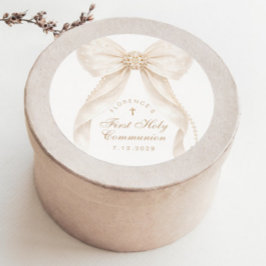 First Holly Communion Gold Cross Ivory Bow ラウンドシール