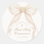 First Holly Communion Gold Cross Ivory Bow ラウンドシール (正面)