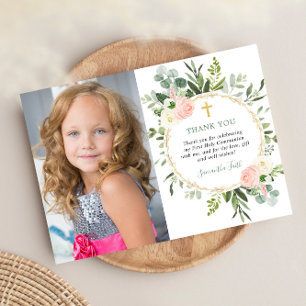 First Holy Communion緑のピンクの写真感謝していyou 招待状