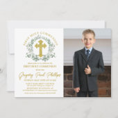 First Holy Communion金ゴールド白い緑の少年の写真 招待状 (正面)