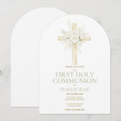 First Holy Communion Arched Invite, Floral Cross  招待状 (正面/裏面)