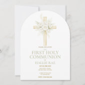 First Holy Communion Arched Invite, Floral Cross  招待状 (正面)