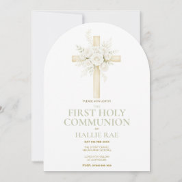 First Holy Communion Arched Invite, Floral Cross 招待状