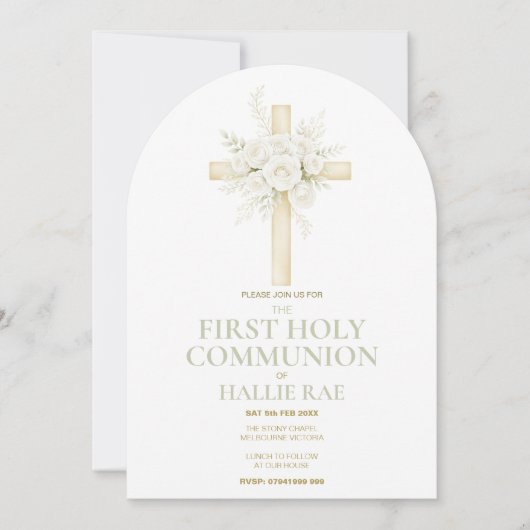 First Holy Communion Arched Invite, Floral Cross  招待状 (正面)