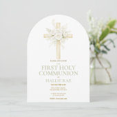 First Holy Communion Arched Invite, Floral Cross  招待状 (スタンド正面)
