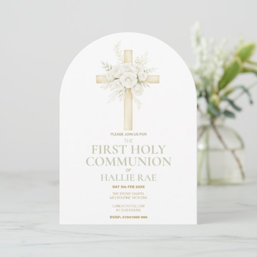 First Holy Communion Arched Invite, Floral Cross  招待状 (スタンド正面)