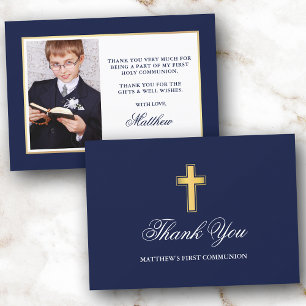 First Holy Communion Blueと金ゴールド写真 サンキューカード
