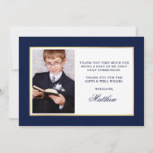 First Holy Communion Blueと金ゴールド写真 サンキューカード (裏面)