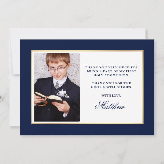 First Holy Communion Blueと金ゴールド写真 サンキューカード (裏面)