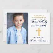 First Holy Communion Blueと金ゴールド写真 招待状 (正面)