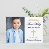 First Holy Communion Blueと金ゴールド写真 招待状 (スタンド正面)