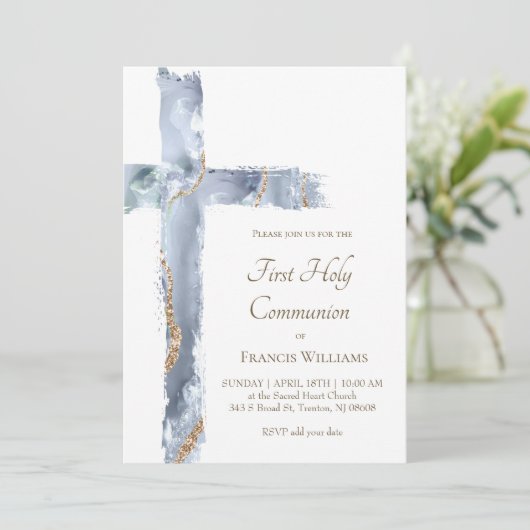 First Holy Communion blue agate Holy Cross 招待状 (スタンド正面)