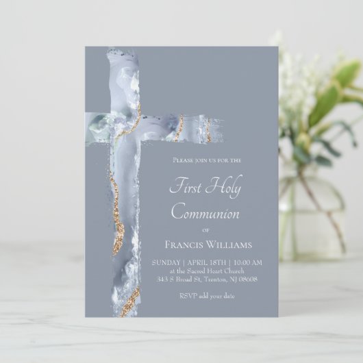 First Holy Communion blue agate Holy Cross 招待状 (スタンド正面)